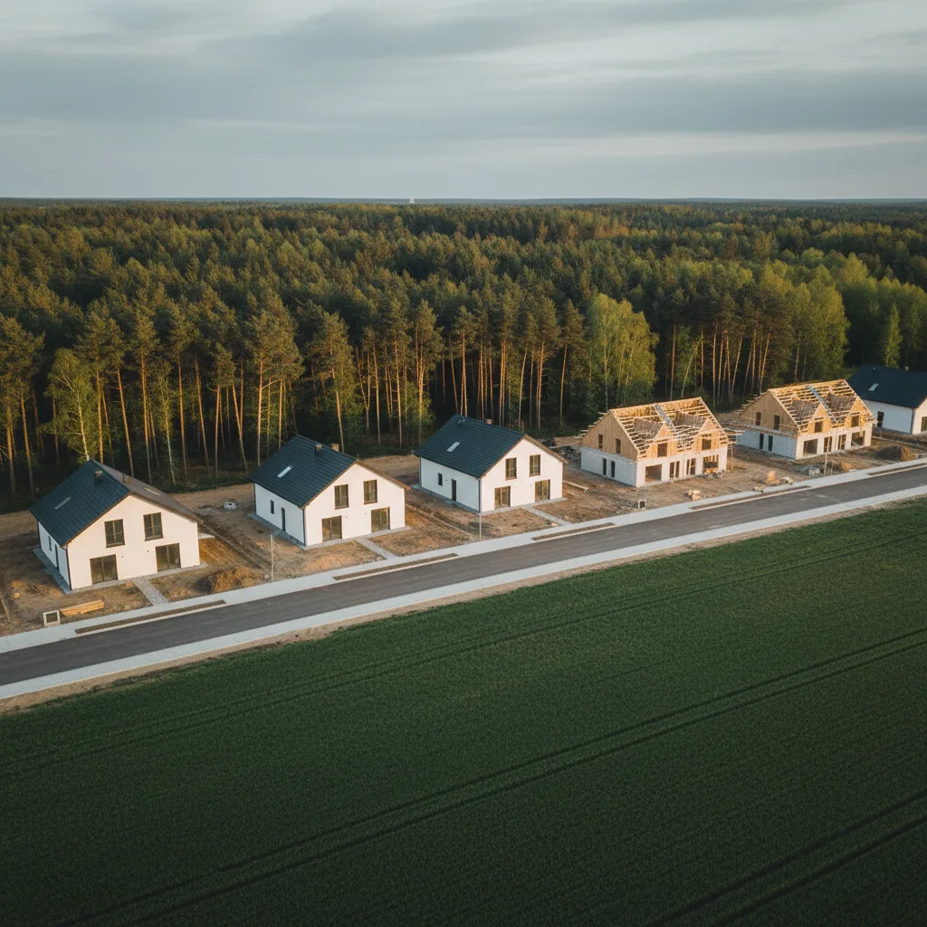 Drohnenansicht eines neu erschlossenen Wohngebiets in Brandenburg mit parzellierten Baugrundstücken